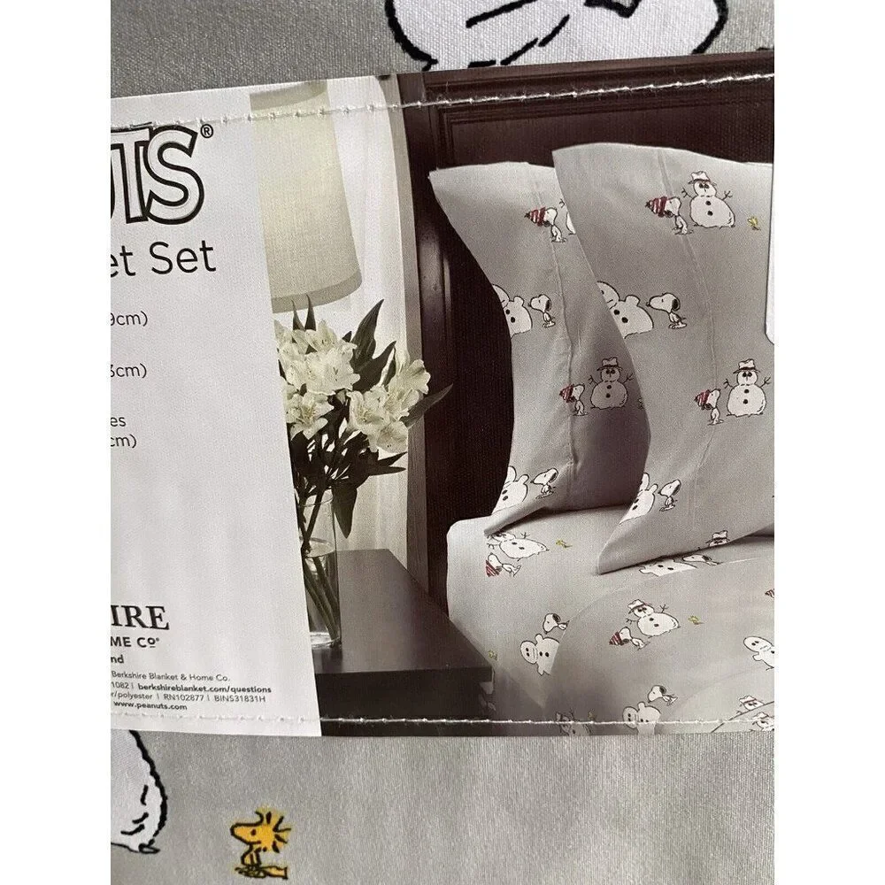 Peanuts‎ Snoopy Woodstock QUEEN SIZE Sheet Set Christmas Snowman Winter Grey NEW